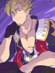  1boy abs bara black_gloves blonde_hair cross_scar curran_(dragalia_lost) dragalia_lost facial_hair gloves goatee green_eyes hand_on_own_chin highres jewelry looking_to_the_side male_focus mixed-language_commentary necklace pectoral_cleavage pectorals piikeisandaa purple_background scar scar_on_head 