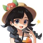  :d black_hair blue_eyes blush braid breasts brown_hat camisole commentary flower hair_over_shoulder hand_up hat hat_flower highres long_hair looking_at_viewer low_twintails luliko253 orange_camisole pokemon pokemon_sm red_flower selene_(pokemon) simple_background small_breasts smile star_(symbol) twin_braids twintails upper_body v white_background 