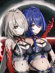  2girls absurd_fox absurdres acheron_(honkai:_star_rail) bare_shoulders black_choker blue_hair breasts choker colored_skin crop_top flower hair_over_one_eye highres honkai:_star_rail honkai_(series) large_breasts long_hair looking_at_viewer midriff multicolored_skin multiple_girls navel purple_eyes red_eyes red_flower very_long_hair white_hair 