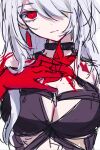  1girl acheron_(honkai:_star_rail) black_choker body_markings breasts choker cleavage closed_mouth earrings expressionless flower hair_over_one_eye highres honkai:_star_rail honkai_(series) jewelry long_hair looking_at_viewer mokota red_eyes red_flower single_earring sketch solo white_background white_hair 