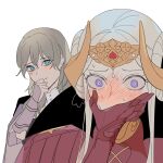 2girls armor b_(wldms6650) black_cape blue_eyes blush byleth_(female)_(fire_emblem) byleth_(fire_emblem) cape closed_mouth commentary covering_own_mouth edelgard_von_hresvelg english_commentary eye_contact fire_emblem fire_emblem:_three_houses gauntlets grey_hair highres horns long_hair looking_at_another multiple_girls purple_eyes simple_background smile tiara upper_body white_background white_hair yuri 