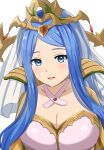  1girl absurdres blue_eyes blue_hair blush breasts cleavage collarbone commentary_request fire_emblem fire_emblem_engage highres large_breasts long_hair looking_at_viewer lumera_(fire_emblem) open_mouth parted_bangs patty_ojisan simple_background smile solo tiara upper_body white_background 