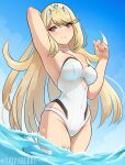  1girl arm_behind_head blonde_hair blush breasts chest_jewel cleavage clothing_cutout core_crystal_(xenoblade) drop_earrings dutch_angle earrings gem hand_up headpiece highres jewelry large_breasts lips long_hair mythra_(radiant_beach)_(xenoblade) mythra_(xenoblade) one-piece_swimsuit outdoors partially_submerged ribbed_swimsuit sidelocks smile solo stomach_cutout strapless strapless_one-piece_swimsuit striped_clothes striped_one-piece_swimsuit swept_bangs swimsuit thigh_cutout thigh_strap tiara twitter_username vertical-striped_clothes vertical-striped_one-piece_swimsuit water white_one-piece_swimsuit xenoblade_chronicles_(series) xenoblade_chronicles_2 yaizaberry yellow_eyes 