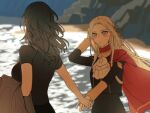  2girls ascot b_(wldms6650) beach black_hair black_shirt blush breasts byleth_(female)_(fire_emblem) byleth_(fire_emblem) cape closed_mouth commentary edelgard_von_hresvelg english_commentary fire_emblem fire_emblem:_three_houses highres holding_hands large_breasts long_hair looking_at_another multiple_girls ocean outdoors purple_eyes red_cape rock shirt shore short_sleeves sweatdrop upper_body white_ascot white_hair yuri 
