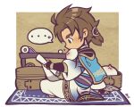  ... 1boy arm_support bamboo_steamer baozi black_eyes black_gloves blush border brown_hair chibi chibi_only food food_in_mouth from_side full_body gloves holding holding_scroll kotorai male_focus reading rug scroll shin_sangoku_musou short_hair signature sima_zhao sitting solo speech_bubble spoken_ellipsis white_border 