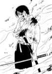  1boy arkray black_hair highres holding holding_sword holding_weapon jujutsu_kaisen katana monochrome okkotsu_yuuta solo sword upper_body weapon 