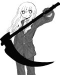  1girl blush collared_shirt formal gloves greyscale highres holding holding_scythe monochrome necktie original samekomusousaku scythe shirt solo suit 