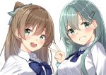  2girls aqua_hair blue_bow blue_bowtie bow bowtie brown_hair collared_shirt commentary_request dress_shirt green_eyes grin hair_ornament hairclip himura_moritaka kantai_collection long_hair multiple_girls open_mouth ponytail revision round_teeth school_uniform shirt smile suzuya_(kancolle) teeth upper_body upper_teeth_only white_shirt 