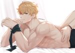  2boys abs absurdres bandages black_pants blonde_hair brown_hair closed_mouth highres kirene88 male_focus massage multiple_boys nu_carnival pants quincy_(nu_carnival) topless_male 