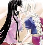  alpha.e black_hair braid couple frilled_sleeves frills hand_on_another's_chin highres holding_hands houraisan_kaguya imminent_kiss long_hair multiple_girls no_eyes touhou white_hair yagokoro_eirin yuri 