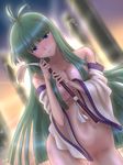  ahoge backlighting blue_eyes blush breasts detached_sleeves gohei green_hair highres kezune_(i-_-i) kochiya_sanae large_breasts long_hair looking_at_viewer nude onbashira pillar solo thigh_gap touhou very_long_hair wet 