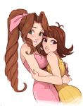  2girls absurdres aerith_gainsborough blue_eyes bow braid braided_ponytail brown_hair dress english_commentary final_fantasy final_fantasy_vii final_fantasy_viii green_eyes highres hug in-franchise_crossover multiple_girls pink_bow pink_dress selphie_tilmitt short_hair simple_background skirtzzz smile upper_body yellow_dress 