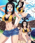  1boy 2girls black_hair blue_hair blue_shorts blush breasts brown_eyes brown_hair camera cleavage collarbone dendra_(pokemon) denim denim_shorts florian_(pokemon) hand_on_own_hip highres holding holding_camera large_breasts long_hair looking_at_viewer multiple_girls multiple_views navel one_eye_closed open_mouth outdoors perrin_(pokemon) pokemon pokemon_sv shimure_(460) short_shorts shorts sitting smile standing stomach swimsuit teeth thighs tongue upper_teeth_only v water wet 