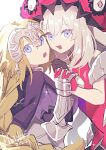  2girls blonde_hair blue_eyes braid capelet chain dress fate/grand_order fate_(series) gauntlets headpiece highres interlocked_fingers jeanne_d&#039;arc_(fate) jeanne_d&#039;arc_(ruler)_(fate) kimidorix32 light_blush long_hair looking_at_viewer marie_antoinette_(fate) multiple_girls open_mouth pink_dress pink_hat purple_capelet signature simple_background smile upper_body white_background 