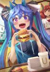  2girls @_@ absurdres ahoge animal_ears blue_eyes blue_hair blush bow burger ceiling_fan crossed_bangs cup disposable_cup food french_fries hair_bow highres holding holding_food hood hoodie horse_ears indoors long_hair long_sleeves multicolored_hair multiple_girls nice_nature_(umamusume) open_mouth pink_eyes sharp_teeth sitting smile streaked_hair table teeth torottye tray twin_turbo_(umamusume) twintails umamusume yellow_eyes 