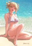  1girl arm_support barefoot beach bikini blonde_hair blunt_bangs blush boku_no_hero_academia breasts collarbone double_bun eyeshadow hair_bun highres imoan_atag large_breasts looking_at_viewer makeup messy_hair nail_polish navel open_mouth shore short_hair sitting slit_pupils solo swimsuit toenail_polish toenails toga_himiko tongue tongue_out twitter_username wet white_bikini yellow_eyes 