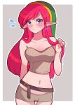  belt blue_eyes blush breasts cleavage corset genderswap genderswap_(mtf) green_hat highres link_(shounen_captain) long_bangs long_hair midriff navel nonoworks pointy_ears shorts sidelocks the_legend_of_zelda the_legend_of_zelda_(nes) 