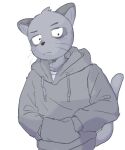 ahseo anthro clothing cougar felid feline greyscale hajime_tanaka_(odd_taxi) hands_in_both_pockets hi_res hoodie male mammal monochrome odd_taxi simple_background solo topwear whiskers white_background