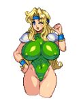  1girl blonde_hair character_request copyright_request headband leotard long_hair looking_at_viewer nipples one_eye_closed pointing pointing_at_self shoulder_pads solo thumbs_up yumura_kino 
