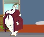 2024 anthro bathrobe bedroom big_breasts big_butt bluepants bovid breasts brown_hooves brown_horn butt caprine clothed clothing digital_drawing_(artwork) digital_media_(artwork) erect_nipples fan_character female fur goat hand_on_belly hi_res hooves horn mammal mary_smith_(zangg) mature_female nipples onomatopoeia orange_eyes overweight partially_clothed robe rumbling_stomach sagging_breasts sequence short_tail smaller_version_at_source solo sound_effects standing tail text thick_thighs tired undersized_clothing white_body white_fur wide_hips