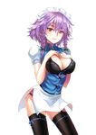  alternate_costume alternate_eye_color alternate_hair_color black_bra black_legwear black_panties bra braid breasts cleavage garter_straps hair_ribbon hands_on_own_chest izayoi_sakuya large_breasts looking_at_viewer maid maid_headdress miniskirt open_clothes open_shirt panties puffy_sleeves purple_hair red_eyes ribbon shirt short_sleeves side_slit skirt smile solo thighhighs tianlluo touhou transparent_background twin_braids underwear vest 