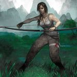  bandages bare_shoulders blood bow_(weapon) fingerless_gloves gloves highres holding kiyohisa lara_croft long_hair messy_hair pixiv_tomb_raider_contest solo tomb_raider tomb_raider_(reboot) weapon 