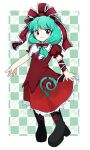  1girl absurdres arm_ribbon black_footwear boots bow dress frilled_bow frilled_dress frilled_ribbon frilled_sleeves frills front_ponytail full_body green_eyes green_hair hair_bow hair_ribbon highres kagiyama_hina looking_at_viewer puffy_short_sleeves puffy_sleeves red_bow red_ribbon ribbon short_sleeves smile solo touhou yamadainari zun_(style) 