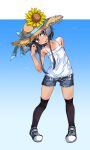  1girl absurdres alternate_costume black_hair black_thighhighs blue_background blue_footwear blue_shorts brown_eyes brown_hat camisole cutoffs denim denim_shorts flower full_body gradient_background hat hat_flower highres kantai_collection leaning_to_the_side looking_at_viewer narumiya_(narumiya) open_mouth shoes short_hair short_hair_with_long_locks shorts sneakers solo straw_hat sun_hat sunflower thighhighs tokitsukaze_(kancolle) white_camisole 