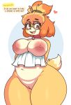 absurd_res animal_crossing anthro areola biped blonde_hair breasts canid canine canis derpybelle dialogue domestic_dog eyewear female fur genitals glasses hair hi_res isabelle_(animal_crossing) jhenightfox mammal nintendo nipples pussy shih_tzu solo speech_bubble text thick_thighs towel toy_dog yellow_body