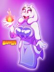 2024 anthro big_breasts boss_monster_(undertale) bovid breasts bunnydewart caprine clothed clothing dress eyebrows eyelashes female fire fur hi_res horn mammal portrait purple_clothing purple_dress red_eyes smile solo three-quarter_portrait toriel undertale_(series) white_body white_fur