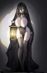  absurdres black_hair black_thighhighs blue_archive breasts cleavage geonjeonji hanging_breasts hasumi_(blue_archive) highres hood lantern large_breasts long_legs red_eyes sketch thick_thighs thighhighs thighs 