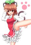  animal_ears bad_id bad_pixiv_id bloomers bow brown_eyes brown_hair cat_ears cat_tail chen clenched_hands fang fighting_stance hat high_collar jewelry kicking leg_up long_sleeves looking_at_viewer mob_cap multiple_tails open_mouth paw_print raised_fist short_hair simple_background single_earring skirt skirt_set solo tail touhou underwear vergece white_background 