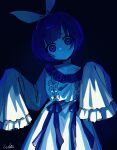  1girl blank_stare blue_background blue_eyes blue_hair blue_ribbon blue_theme blunt_bangs bow closed_mouth collarbone dot_mouth dot_nose dress expressionless film_grain frilled_dress frills hair_bow hairband hands_up head_tilt highres indie_utaite long_sleeves looking_at_viewer outline pale_skin ribbon short_hair signature sleeves_past_fingers sleeves_past_wrists solo unnamed_girl_(x0o0x) utaite very_long_sleeves w_(02won_won20) white_bow white_hairband 