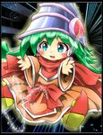  blue_eyes blush card_ejector duel_monster fang green_hair hat highres kikira_(silenceblack) long_hair open_mouth smile solo wizard_hat yuu-gi-ou 