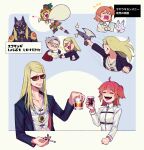  3boys 3girls absurdres blonde_hair brother_and_sister cup fou_(fate) fujimaru_ritsuka_(female) glasses grey_hair gun handshake highres holding holding_cup holding_gun holding_weapon james_moriarty_(archer)_(fate) long_hair looking_at_another mexican_clothes multiple_boys multiple_girls ochi_gero orange_hair quetzalcoatl_(fate) sharp_teeth short_hair siblings suit teeth tezcatlipoca_(fate) thumbs_up weapon 