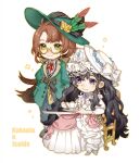  2girls :3 black_footwear brown_hair character_name chibi closed_mouth collared_shirt cup dress feathers flower gloves gown green_eyes green_feathers green_hat green_jacket grey_skirt grey_vest hat hat_feather hat_flower highres holding holding_cup holding_saucer isolde_(reverse:1999) jacket juliet_sleeves kakania_(reverse:1999) kuri_(kurimi73576978) long_dress long_hair long_skirt long_sleeves low_ponytail multiple_girls neck_ribbon on_chair puffy_long_sleeves puffy_sleeves purple_eyes red_ribbon reverse:1999 ribbon saucer semi-rimless_eyewear shirt sitting skirt smile standing sun_hat table teacup under-rim_eyewear vest waistcoat white_background white_dress white_hat white_shirt white_veil yellow-framed_eyewear yellow_gloves 