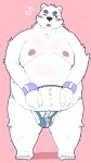 2024 anthro balls_outline bear belly big_belly blush bulge clothing detailed_bulge genital_outline hi_res kemono male mammal menmen_kesinn moobs navel nipples one_eye_closed overweight overweight_male penis_outline pink_background polar_bear simple_background solo underwear ursine