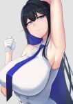  1girl armpits black_hair blue_archive blue_eyes blue_necktie breasts collared_shirt colored_inner_hair glasses gloves highres huge_breasts long_hair multicolored_hair necktie pointy_ears presenting_armpit rin_(blue_archive) shirt sleeveless sleeveless_shirt sweaty_armpits tyamurai33 upper_body white_gloves 