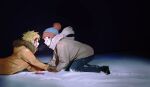  2boys beanie black_hair blonde_hair blood blood_on_clothes blood_on_face blood_on_ground blue_pants brown_gloves brown_jacket chun_baii closed_eyes from_side gloves grin hat highres hood hood_down hooded_jacket jacket kenny_mccormick male_focus multiple_boys night orange_jacket outdoors pants pom_pom_(clothes) profile red_gloves scarf smile snow south_park spiked_hair stan_marsh sweat 