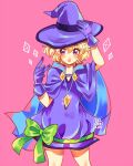  1girl arms_up artist_name blonde_hair blush cape coll_(erichankun) commentary_request cowboy_shot gloves green_ribbon hair_between_eyes hand_on_headwear jewelry looking_to_the_side magical_girl pendant pink_background purple_cape purple_eyes purple_gloves purple_hat ribbon short_hair simple_background solo sugar_sugar_rune vanilla_mieux 