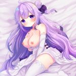  1girl ahoge azur_lane bangs bare_shoulders bed_sheet blush bow breasts collarbone commentary_request detached_sleeves dress dress_pull eyebrows_visible_through_hair hair_bun hair_ribbon hand_up highres hinanosuke long_hair long_sleeves looking_at_viewer medium_breasts nipples no_shoes one_side_up parted_lips purple_bow purple_eyes purple_hair purple_ribbon ribbon side_bun solo thighhighs unicorn_(azur_lane) very_long_hair white_dress white_legwear white_sleeves 