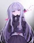  1girl black_gloves black_jacket black_ribbon blood braid collared_shirt cowboy_shot danganronpa:_trigger_happy_havoc danganronpa_(series) gloves gradient_background grey_background grey_hair hair_ribbon hand_up highres jacket kirigiri_kyoko long_hair miniskirt open_clothes open_jacket pink_blood pink_eyes pink_hair pleated_skirt pote_(pote_39) ribbon shirt side_braid single_braid skirt solo thinking white_shirt 