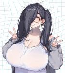  1girl black_hair blush breasts cleavage clenched_teeth collarbone commentary_request dated double_v glasses grid_background hair_over_one_eye highres huge_breasts long_hair long_sleeves looking_at_viewer mole mole_on_breast mole_on_neck mole_under_eye muroku_(aimichiyo0526) off_shoulder open_mouth original smile solo sweatdrop tareme teeth thick_eyebrows twintails twitter_username upper_body v white_background 
