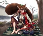  adjusting_eyewear alcohol animal_ears barefoot blush bottle breasts cup futatsuiwa_mamizou glasses highres kezune_(i-_-i) large_breasts leaf leaf_on_head notebook raccoon_ears raccoon_tail sakazuki sake scarf sitting solo tail touhou uneven_eyes 