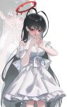  1girl antenna_hair black_hair blue_archive blush breasts cowboy_shot dress frilled_dress frills highres kangshi large_breasts long_hair looking_at_viewer open_mouth red_eyes short_sleeves simple_background solo tsurugi_(blue_archive) white_background white_dress zoom_layer 