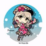  1girl artist_name blonde_hair braid brown_eyes brown_hat character_name chibi chibi_only dress eyelashes fire_emblem fire_emblem_engage framme_(fire_emblem) gloves hat kiritaki long_hair looking_at_viewer pink_dress plaid_headwear single_braid smile solo 