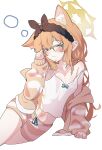  1girl absurdres animal_ear_fluff animal_ears bespectacled blue_archive blue_eyes blush breasts camisole cat_ears closed_mouth collarbone extra_ears glasses halo highres jacket long_hair mari_(blue_archive) medium_breasts navel open_clothes open_jacket orange_hair orange_jacket orange_shorts shorts simple_background solo warabi_mochi_(w4rabimochi) white_background white_camisole yellow_halo 