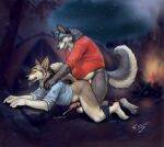 anal bottomless camping canid canine canis clothed clothing coyote dad_body father_(lore) hi_res male male/male mammal parent_(lore) partially_clothed sunitai wolf