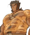  1boy abs bara brown_eyes brown_hair commentary dark_skin dirty dirty_clothes dragalia_lost highres male_focus muscular muscular_male pectorals piikeisandaa shirt sideburns sweat valyx_(dragalia_lost) very_sweaty wet wet_clothes white_background yellow_shirt 