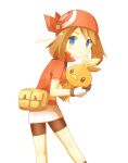  1girl bandana bike_shorts black_shorts blue_eyes brown_hair closed_mouth fanny_pack from_side gloves holding holding_pokemon looking_at_viewer may_(pokemon) pokemon pokemon_(creature) pokemon_rse red_bandana red_shirt shirt short_sleeves shorts torchic white_background white_gloves ymzmi 